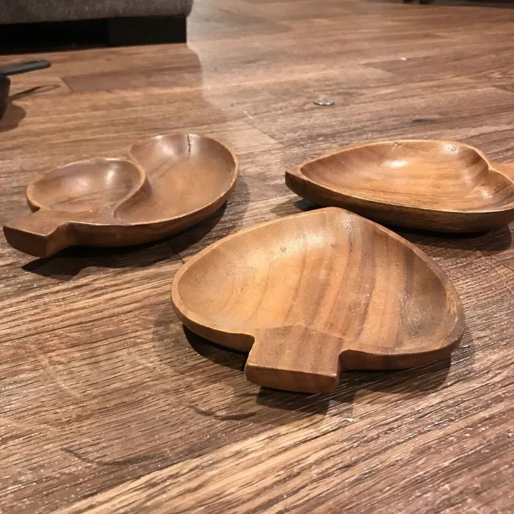 Vintage Genuine Monkey Pod‎ Wooden Spade Leaf Shaped Serving Dish Bowl Set Of 3